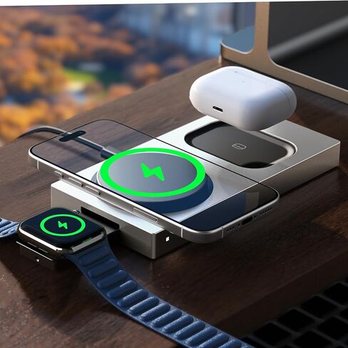 قاعدة شحن LISEN Qi2 3 في 1 Magsafe Apple، قاعدة شحن لاسلكية قابلة للطي بقدرة 15 وات لجهاز iPhone 16 لأجهزة متعددة، حامل شحن Magsafe لساعة iPhone 16 15 14 Pro Airpods in Saudi Arabia