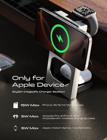 قاعدة شحن LISEN Qi2 3 في 1 Magsafe Apple، قاعدة شحن لاسلكية قابلة للطي بقدرة 15 وات لجهاز iPhone 16 لأجهزة متعددة، حامل شحن Magsafe لساعة iPhone 16 15 14 Pro Airpods in Saudi Arabia