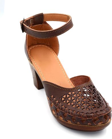 Mexican Leather Shoes with Embroidered Flowers, with Ankle Strap and Heels for Women - Model 1026 (7, BROWN) in Kuwait