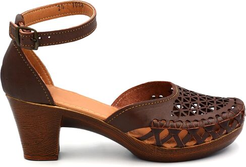 Mexican Leather Shoes with Embroidered Flowers, with Ankle Strap and Heels for Women - Model 1026 (7, BROWN) in Kuwait