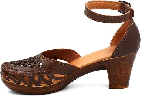 Mexican Leather Shoes with Embroidered Flowers, with Ankle Strap and Heels for Women - Model 1026 (7, BROWN) in Kuwait