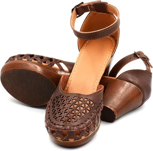 Mexican Leather Shoes with Embroidered Flowers, with Ankle Strap and Heels for Women - Model 1026 (7, BROWN) in Kuwait