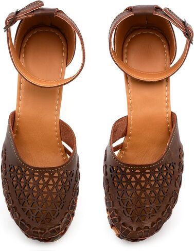 Mexican Leather Shoes with Embroidered Flowers, with Ankle Strap and Heels for Women - Model 1026 (7, BROWN) in Kuwait