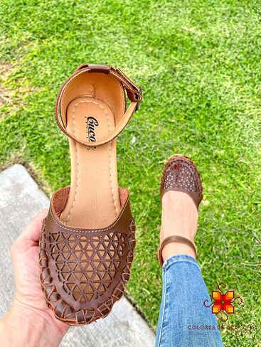 Mexican Leather Shoes with Embroidered Flowers, with Ankle Strap and Heels for Women - Model 1026 (7, BROWN) in Kuwait