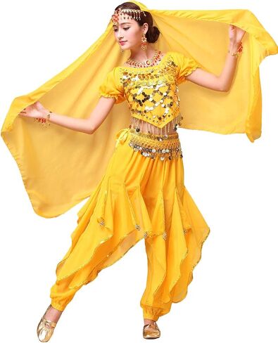 Women's Halloween Costume Set Belly Dance Crop Top Pleated Harem Pants for Dress Up Party 5 Piece Outfit (One Size, B Rose) … in Kuwait