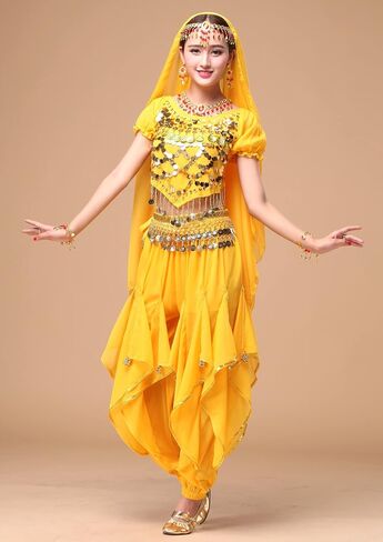 Women's Halloween Costume Set Belly Dance Crop Top Pleated Harem Pants for Dress Up Party 5 Piece Outfit (One Size, B Rose) … in Kuwait