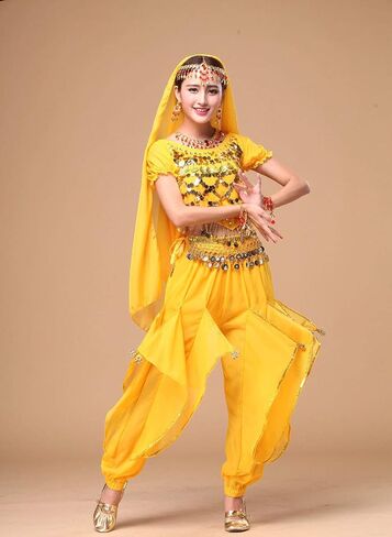 Women's Halloween Costume Set Belly Dance Crop Top Pleated Harem Pants for Dress Up Party 5 Piece Outfit (One Size, B Rose) … in Kuwait