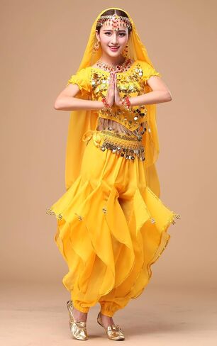 Women's Halloween Costume Set Belly Dance Crop Top Pleated Harem Pants for Dress Up Party 5 Piece Outfit (One Size, B Rose) … in Kuwait