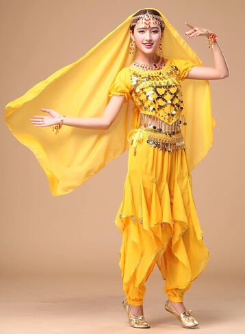 Women's Halloween Costume Set Belly Dance Crop Top Pleated Harem Pants for Dress Up Party 5 Piece Outfit (One Size, B Rose) … in Kuwait