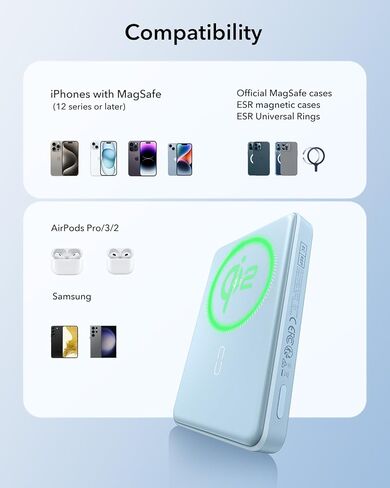 ESR Qi2 Certified MagSafe Battery Pack, Kickstand 10,000mAh 15W Fast Charging Portable Charger, Smart LED Display Power Bank, 27W USB-C MagSafe Charger with Cable for iPhone 16/15/14/13/12, Black in Kuwait