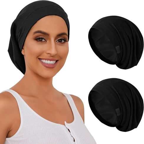 Silk Bonnet for Sleeping Women, Adjustable Silky Satin Lined Sleep Cap, Silk Hair Wrap for Sleep Night Cap for Natural Curly Hair 2PCS(Black&Pink) in Saudi Arabia