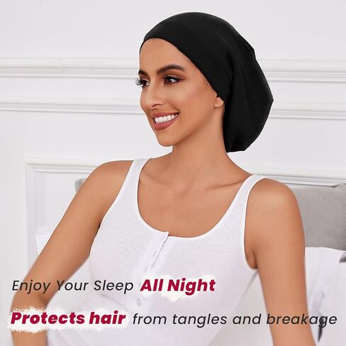 Silk Bonnet for Sleeping Women, Adjustable Silky Satin Lined Sleep Cap, Silk Hair Wrap for Sleep Night Cap for Natural Curly Hair 2PCS(Black&Pink) in Saudi Arabia