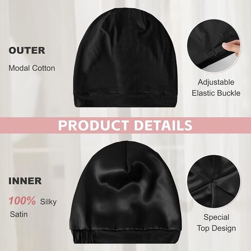 Silk Bonnet for Sleeping Women, Adjustable Silky Satin Lined Sleep Cap, Silk Hair Wrap for Sleep Night Cap for Natural Curly Hair 2PCS(Black&Pink) in Saudi Arabia