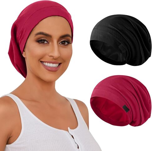 Silk Bonnet for Sleeping Women, Adjustable Silky Satin Lined Sleep Cap, Silk Hair Wrap for Sleep Night Cap for Natural Curly Hair 2PCS(Black&Pink) in Saudi Arabia