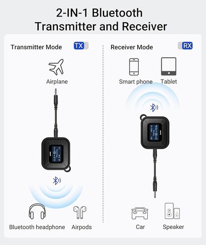 جهاز استقبال إرسال بلوتوث من Syntech لأجهزة Airpods أو سماعات الرأس، شاشة LED مزدوجة مزدوجة الكمون محول صوت لاسلكي بلوتوث 5.3 مع محول AUX مزدوج 3.5 مم لسيارة الطيران باللون الأزرق in Kuwait