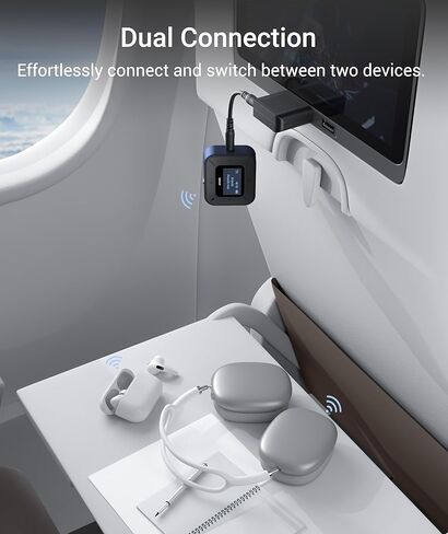 جهاز استقبال إرسال بلوتوث من Syntech لأجهزة Airpods أو سماعات الرأس، شاشة LED مزدوجة مزدوجة الكمون محول صوت لاسلكي بلوتوث 5.3 مع محول AUX مزدوج 3.5 مم لسيارة الطيران باللون الأزرق in Kuwait