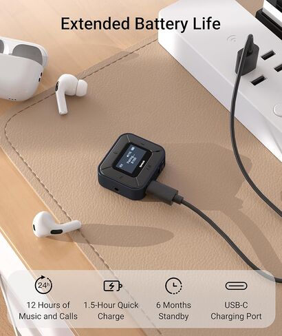 جهاز استقبال إرسال بلوتوث من Syntech لأجهزة Airpods أو سماعات الرأس، شاشة LED مزدوجة مزدوجة الكمون محول صوت لاسلكي بلوتوث 5.3 مع محول AUX مزدوج 3.5 مم لسيارة الطيران باللون الأزرق in Kuwait