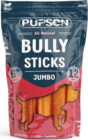 6" Bully Sticks for Dogs, 100% Natural Beef Pizzle Chews, Grass-Fed, Non-GMO, Grain-Free, Long-Lasting Dog Treats for Medium & Large Dogs, Jumbo, 12 Pack in Saudi Arabia