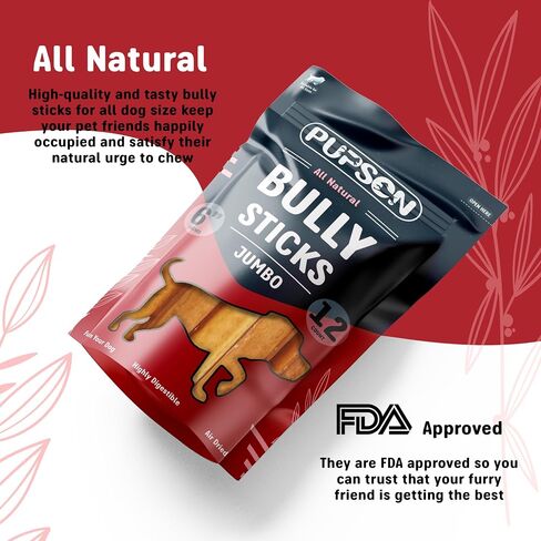 6" Bully Sticks for Dogs, 100% Natural Beef Pizzle Chews, Grass-Fed, Non-GMO, Grain-Free, Long-Lasting Dog Treats for Medium & Large Dogs, Jumbo, 12 Pack in Saudi Arabia