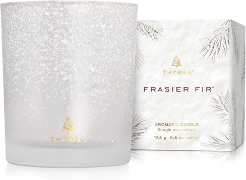 شمعة Thymes Frasier Fir Flocked 3 - تصميم جرة شمعة بيضاء - شموع كبيرة للمنزل معطرة برائحة التنوب السيبيري الهش وخشب الأرز وخشب الصندل - ديكور المنزل - شمعة العطلات (18 أونصة) in Kuwait