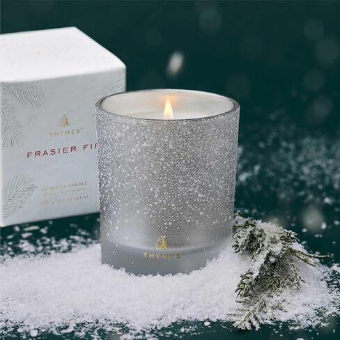 شمعة Thymes Frasier Fir Flocked 3 - تصميم جرة شمعة بيضاء - شموع كبيرة للمنزل معطرة برائحة التنوب السيبيري الهش وخشب الأرز وخشب الصندل - ديكور المنزل - شمعة العطلات (18 أونصة) in Kuwait