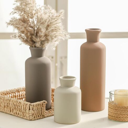 Ceramic Vase Set of 3, Vases Home Decor Rustic Vase Farmhouse Decor Vase Terra Cotta Pottery Vases for Bouquet Pampas Grass Dried Fresh Flowers Living Room Kitchen Bedroom Bathroom - Multicolor in Saudi Arabia