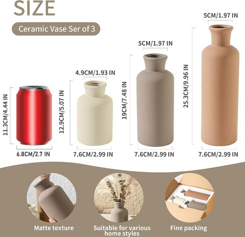 Ceramic Vase Set of 3, Vases Home Decor Rustic Vase Farmhouse Decor Vase Terra Cotta Pottery Vases for Bouquet Pampas Grass Dried Fresh Flowers Living Room Kitchen Bedroom Bathroom - Multicolor in Saudi Arabia