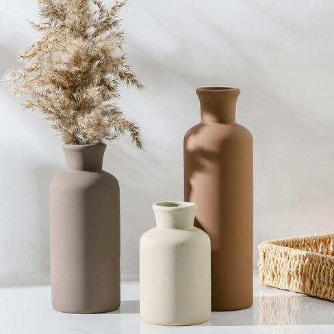 Ceramic Vase Set of 3, Vases Home Decor Rustic Vase Farmhouse Decor Vase Terra Cotta Pottery Vases for Bouquet Pampas Grass Dried Fresh Flowers Living Room Kitchen Bedroom Bathroom - Multicolor in Saudi Arabia