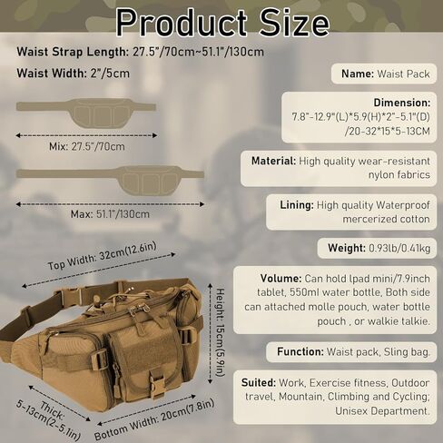 Taeku Tactical Fanny Pack, Military Waist Bag Utility Hip Pack with Adjustable Strap for Outdoors Fishing Cycling Camping Dog Walking (Black) in Kuwait