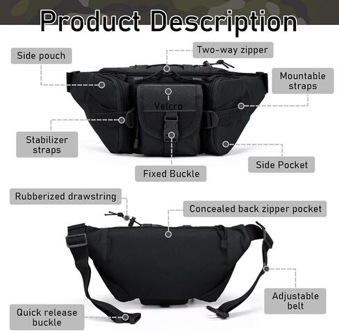 Taeku Tactical Fanny Pack, Military Waist Bag Utility Hip Pack with Adjustable Strap for Outdoors Fishing Cycling Camping Dog Walking (Black) in Kuwait