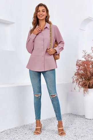 Cicy Bell Women's Button Down Shirts Collared V Neck Long Sleeve Peplum Tiered Blouse Tops in Kuwait