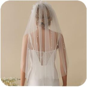 HEREAD Flower Wedding Headband Veil Short 1 Tier Pearl Tassel Bridal Veils Tulle Hair Accessories for Women and Brides