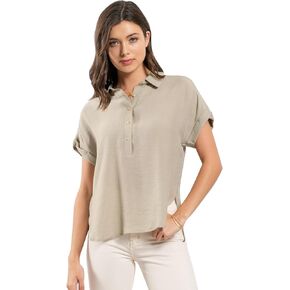 August Sky Women's Button Down Shirts - Folded Cuff Short Sleeve Collared Lightweight Shirring Back Woven Top