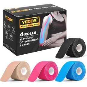 Elastic Kinesiology Athletic Tape,Precut Kinesiology Strips 4 Rolls 80 Precut 10" Strips Each, Mix Color