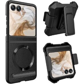 for Motorola Razr 2024 Case with Clip, Moto Razr 2024 Case with Screen Protector & Kickstand [Compatible with Magsafe] PU Leather Cover and Belt Hip Holster for Razr 50 (Black + Belt-Clip)