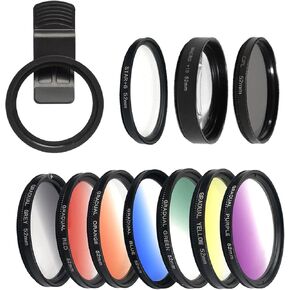 52MM Phone Camera Lens Kit, 10x Macro, CPL Polarizer, 6 Point Star Filter, Phone Filter Set Including 7 Graduated Colour Filters Compatible with iPhone 15 14 13 PRO and Other Smart Phones