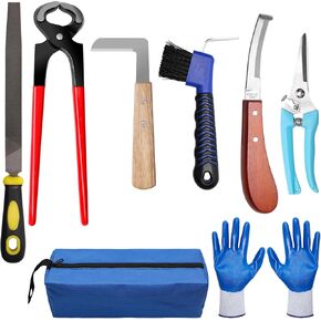 10 Inch 8 Pcs Farrier Tools, Horse Goat Hoof Trimmers for Goats and Sheep with Carbon Steel Nipper, Shears Nail Clipper, Rasp File, Hoof Trimming Cutter Knives, Horseshoe Brush, Storage Bag