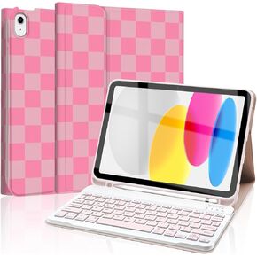 Keyboard Case for iPad 10th Generation 10.9 Inch with Pencil Holder, Detachable Backlights LED Wireless Keyboard Cover, Soft TPU Back Shell, Checkered Plaid Blue-Light Blue