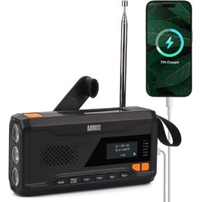 Emergency Hand Crank Radio - August MB291B - NOAA Portable Weather Radio & AM/FM Portable Power Bank 4500mAh with Solar Charging, Hand Crank & USB-C Charging - SOS Alarm, LED Flashlight & Reading Lamp