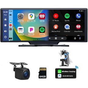 10.26" Touch Screen Car Stereo Wireless Carplay with 4K Dash Cam, Portable Carplay Sceen for Car Radio Receiver with Backup Camera Android Auto,Navigation,Mirror Link,64GB TF Card, AUX