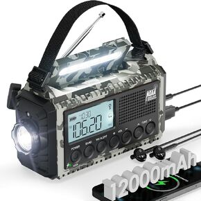 12000mAh Hand Crank Emergency Radio, Portable Rechargeable Weather Radio with AM/FM/Shortwave/NOAA Alert,Loud SOS,Flashlight,Phone Charger,Reading Light,Solar Battery Operated Radio for Power Outages
