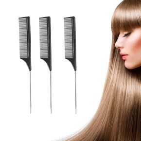 3 Pack Rat Tail Combs with Heat Resistant Carbon Fiber Fine Tooth, Stainless Steel Handle, and Pintail Design for Women's Hair Parting and Teasing