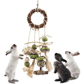 Bunny Chew Toys Rabbit Cage Hanging Chew Toy All-In-One Toys and Treats Set Natural Rabbit Snacks and Teeth Grinding Tool For Bunny Guinea Pig Chinchillas Gerbil Hamster Rat and Other Small Pets