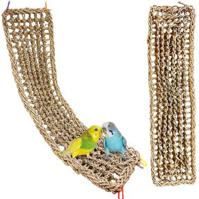 2Pcs Bird Seagrass Mat 29.5×7" Natural Grass Woven Net Hammock with Hooks Climbing Rope Ladder Chew Toys Hanging on Parrot Cage for Lovebird Pigeon Cockatiel Conure Budgie Cockatoo