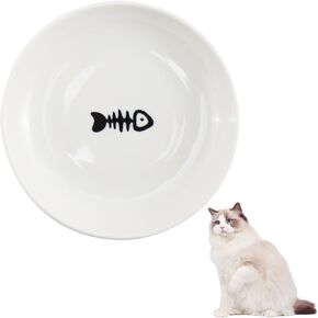 2 Pack Cat Food Bowl, Healthy Ceramic Cat Bowls for Indoor Kitten, Non-Slip Silicone Bottom Shallow Wide Kitten Plates Cat Dishes Set, Whisker Fatigue Cat Bowl, Paw+Fish