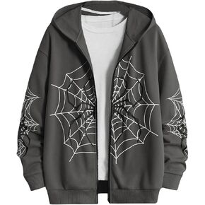 SHENHE Men's Zip Up Graphic Spiderweb Print Long Sleeve Goth Hoodie Sweatshirt Jacket