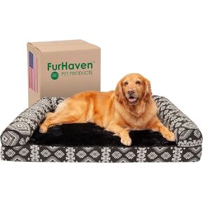 Furhaven Cooling Gel Dog Bed for Large Dogs w/ Removable Bolsters & Washable Cover, For Dogs Up to 125 lbs - Plush & Southwest Kilim Woven Decor Sofa - Boulder Gray, Jumbo Plus/XXL