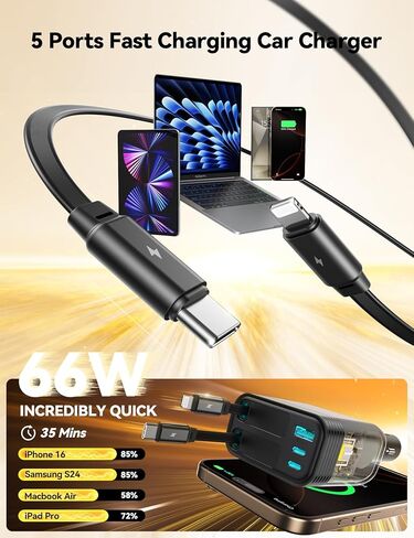 شاحن سيارة قابل للسحب [5 منافذ شحن سريع] شاحن سيارة iPhone 16، شاحن سيارة USB C 66W JOYROOM محول شاحن سيارة شحن سريع، شاحن هاتف سيارة سريع لهاتف iPhone 16 15 14 Pro Max، Samsung S24 in Kuwait