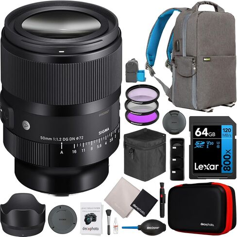عدسة سيجما 50 مم F1.2 DG DN Art لكاميرات سوني E-Mount كاملة الإطار بدون مرآة 316965 حزمة مع حقيبة ظهر للتصوير الفوتوغرافي ديكو جير + طقم فلتر + بطاقة 64 جيجابايت + ملحقات فيديو الصور in Saudi Arabia