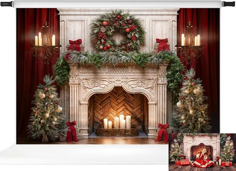 Kate Christmas Fireplace Backdrop Red Curtain Holiday Christmas Wreath Photo Backdrop for Family Professional Photography Studio Props, 10x10ft in Kuwait